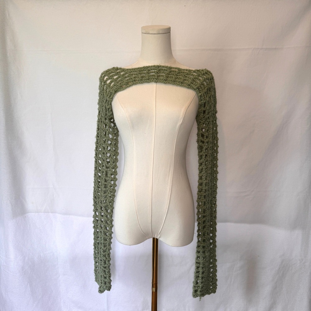 Sage Green Wool Crochet Arm Warmer Top Boatneck Mesh Sleeves Fairycore Y2K